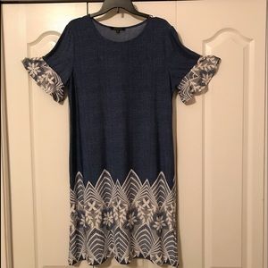 Denim color dress with white lace look trim